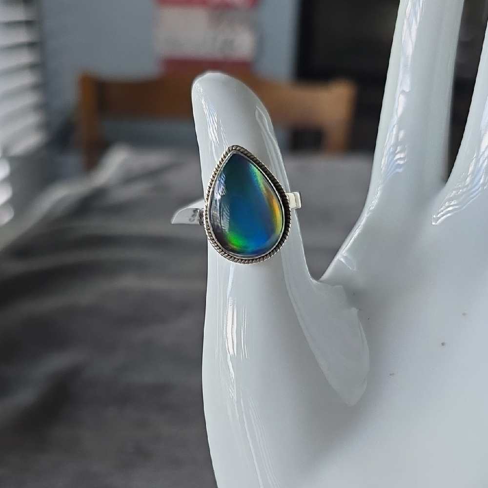 925 Sterling SilverTeardrop Aurora Opal Ring